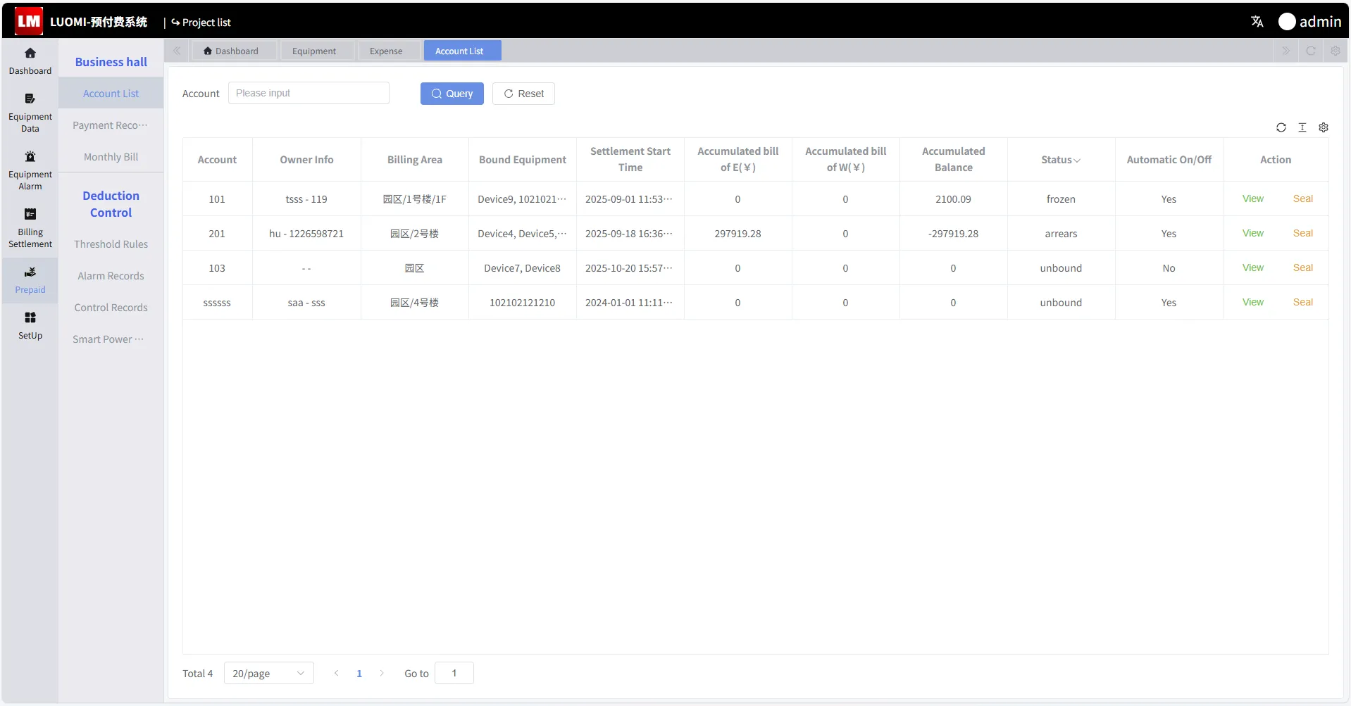 Prepayment management interface